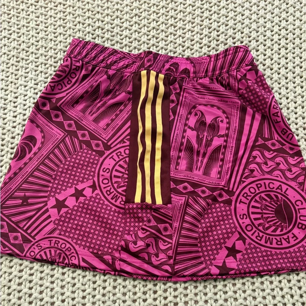 FARM Rio x Adidas Pink Tropical Print Mini Skirt with Gold Stripes - Picture 6 of 12